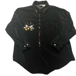Disney Catalog Womens Black Velvet Embroidered Mickey & Minnie Button Shirt Sz L